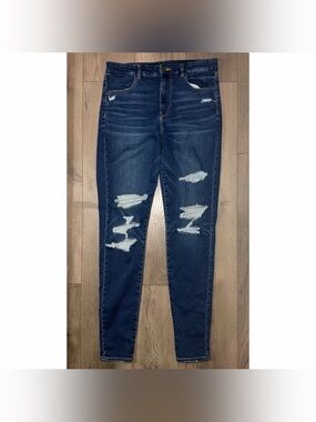 Pre-Owned American Eagle Curvy Hi-Rise Jegging Stretch Ripped Jeans Blue Size 12